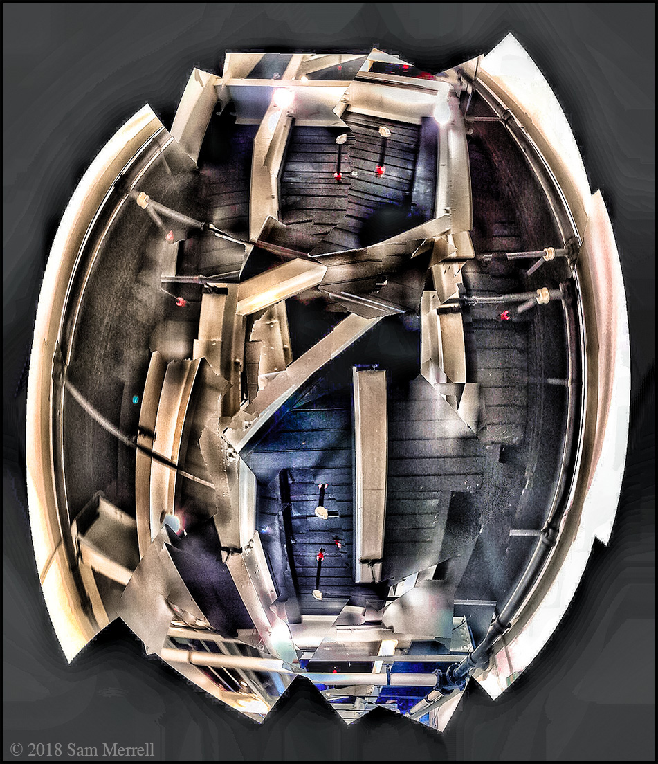 computer composite image of older upstate NY warehouse ceiling beams and electrical fixtures